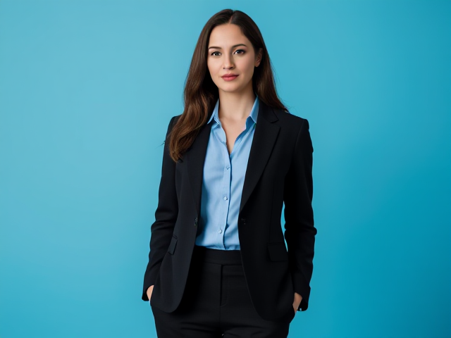 Brunette wearing a light blue blouse and a black suit full body view