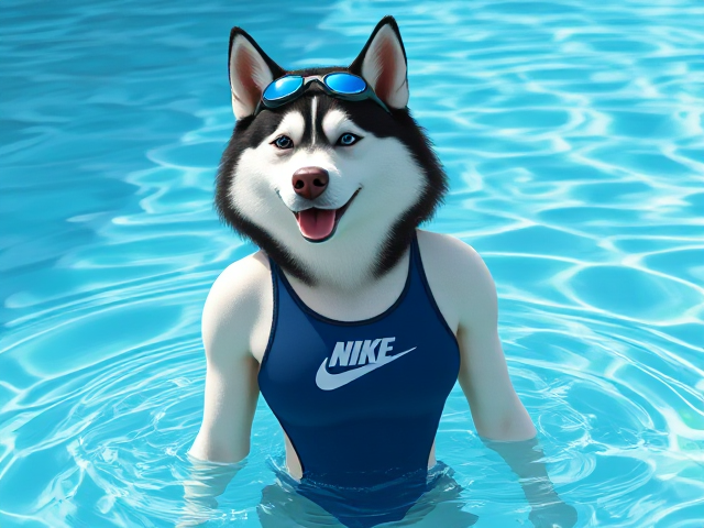 A anthropomorphic Alaskan malamute with a long torso wearing a high cut Nike one piece swimsuit and swimming goggles