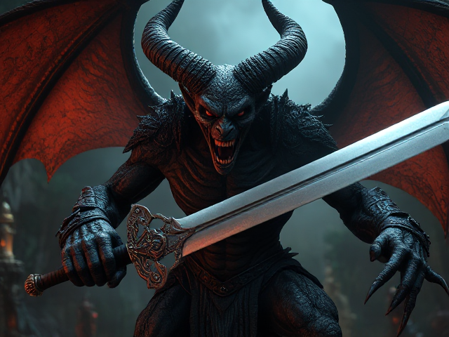 Epic demon with sword in hand