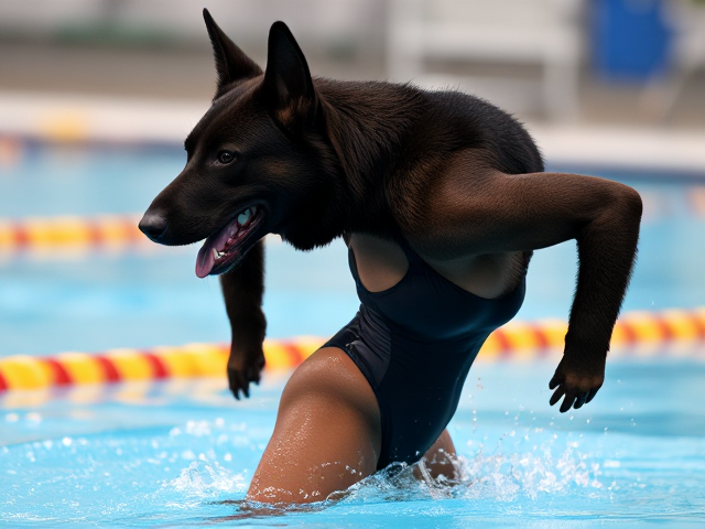 A anthropomorphic black German shepherd Olympic swimmer with strong hips wearing a high cut one piece swimsuit