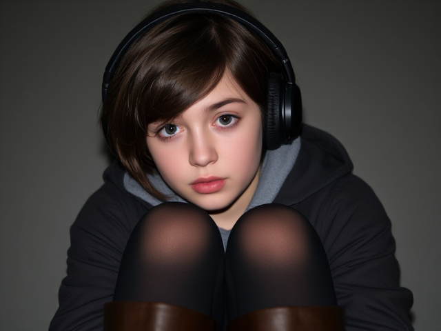 15 year old girl suffering from loneliness, brown dark short hair, wearing black headphones, dull hazel eyes, wearing a jacket with the colour #61333f, black stockings, dark brown boots