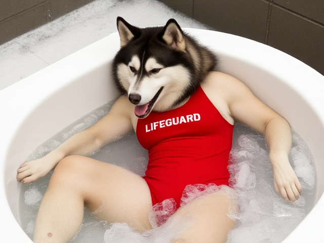 A anthropomorphic alaskan malamute wearing a red lifeguard one piece swimsuit sitting in a ice bath relaxing her sore muscles