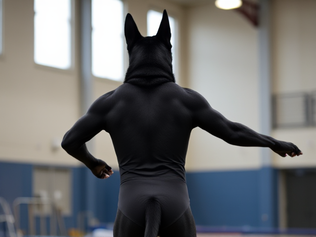 Anthropomorphic black German shepherd with broad shoulders, wearing a gymnastics leotard in a gymnasium setting, dynamic pose