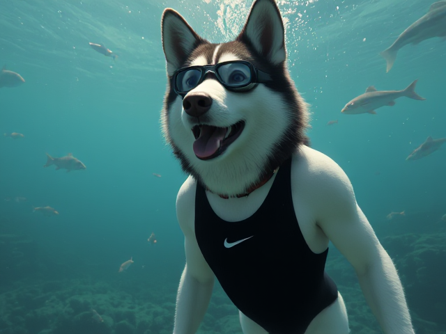 A tall anthropomorphic Siberian husky with a long torso and broad shoulders wearing a high cut Nike one piece swimsuit and Freediving goggles underwater, surrounded by sea life