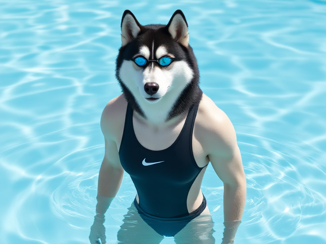 A tall anthropomorphic Siberian husky with a long torso and broad shoulders wearing a high cut Nike one piece swimsuit and swimming goggles, in a swimming pool
