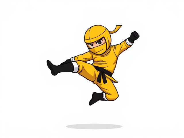 cartoonish 8 bit yellow ninja jump-kicking against a blank white background