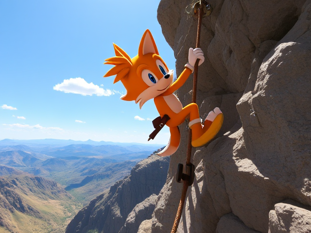 A young and cute depiction of Miles Tails Prower climbing a rugged cliff using a rope and piton, barefoot with a brown leather belt. Sweat glistens on his fur under the intense heat. The terrain is rocky, the sky is clear with few clouds, and distant mountains are visible. Sunlight casts realistic shadows, all portrayed in a 16-bit retro game style look