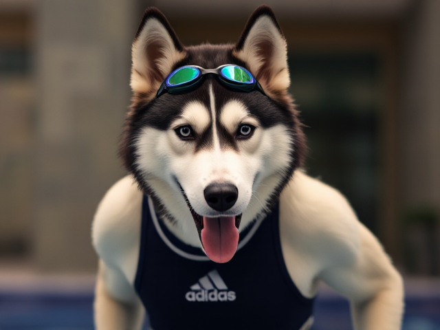 A anthropomorphic Siberian husky wearing an adidas swimsuit and swimming goggles