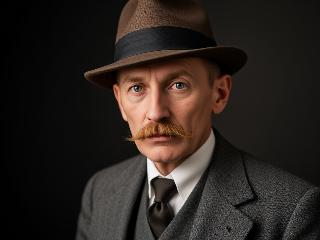 Realistic studio photo of skinny 55 years old German man wearing a bowler derby, suit, moustache in the year 1913.