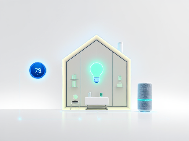 A sleek, modern illustration of a smart home with glowing digital icons representing a thermostat, light bulb, and smart speaker, all interconnected by vibrant blue and green digital lines, set against a clean white and light grey gradient background with soft lighting, the design is minimalistic, futuristic, and exudes innovation, creating a professional and approachable tech-savvy vibe --v 5 --stylize 1000