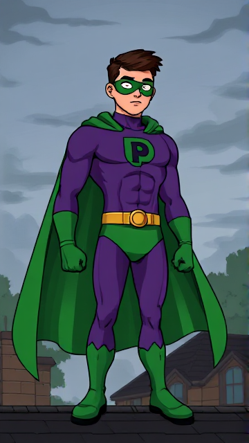 Dramatic Cartoon scene: A young, Autistic 25-year old boy with light skin and flat, smooth, and slick brown hair with a singular curled bang in the shape of a P sticking out at the front named T.J. Granger, but transformed into a genetically-altered superhero named Powerman, who, despite still being a young adult kid, has an extremely muscular body. He wears a sleek purple bodysuit with a green P symbol on his chest, a golden belt with a circular buckle, green briefs, green boots, green long-cuffed gloves, a really big, toe-length long, ultra-wide green cape wreathed around his neck, and a green eye mask that protects his true identity and also causes his pupils to magically disappear as his eyes glow an eerie white. He also has incredible and invincible superpowers flowing through his veins. In this scene, Powerman is currently standing on the roof of his house, ready for action.