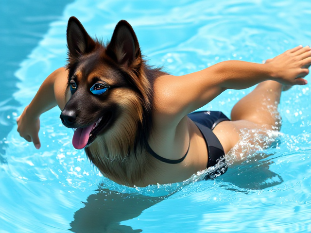 A anthropomorphic long haired German shepherd Olympic swimmer with a long torso, stretching while wearing a one piece swimsuit and swimming goggles