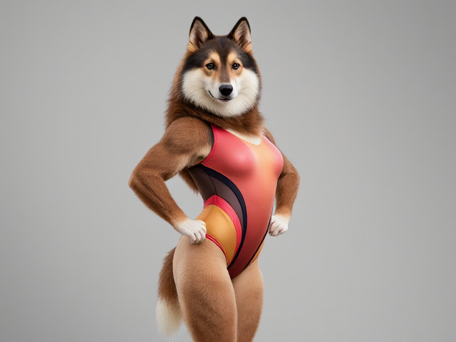 Anthropomorphic shiloh shepherd, strong hips, wearing a colorful gymnastics leotard, dynamic pose, detailed fur, athletic build