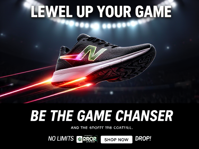 A bold and action-packed advertisement for boys’ sneakers designed to make a statement on and off the field. The sneakers are showcased as performance-enhancing footwear, featuring dynamic elements like angular shapes, glowing stripes, and sporty colorways such as metallic red, charcoal black, and vibrant lime green. The sneakers appear mid-air, trailing glowing lines and energy waves, as if they’re propelling through a sports arena. The background captures the intensity of a live game, with dramatic spotlights, cheering crowds, and a hazy atmosphere that exudes energy and excitement.

Key phrases like 'LEVEL UP YOUR GAME' and 'NO LIMITS' are displayed in bold, athletic-style fonts with a modern twist, surrounded by motion effects like speed lines and glowing highlights. Close-ups focus on premium features, such as shock-absorbent soles, breathable uppers, and reinforced support, while the ad integrates exciting scenarios like sprinting, dribbling, or kicking. The color palette combines deep blacks with vivid bursts of neon, creating a high-energy, futuristic vibe that resonates with a competitive, sporty audience.

The ad ends with a clear call-to-action like 'Be the Game Changer' or 'Shop the Drop Now!' written in bold, glowing fonts at the bottom, accompanied by a scannable QR code or clickable link for immediate purchasing options. This dynamic, action-driven design makes the sneakers the ultimate choice for boys who aim to stand out and dominate."