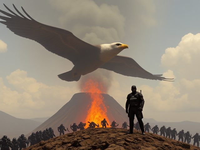 Insane Albatross Over a Volcano with an Army of Black Droids Soldier with Text "The Covenant of Aether"