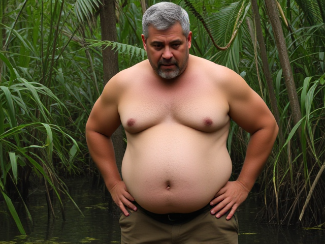 A broad sturdy man is dressed in a tight cut sleeveless shirt that hugs his broad chest and arms, showing off his sturdy build. The shirt is cut short, revealing his rounded belly, including a small, somewhat deep belly button that sits in the center of his soft midsection. He’s also wearing rugged work pants, which add to his solid, hardworking appearance. His face, framed by short gray hair and a trimmed beard, remains strong with a confident, focused look. This man is in a swampy jungle, with an old smaller man rubbing big man’s belly from behind. Man looks tentatively behind to his master as he runs his belly