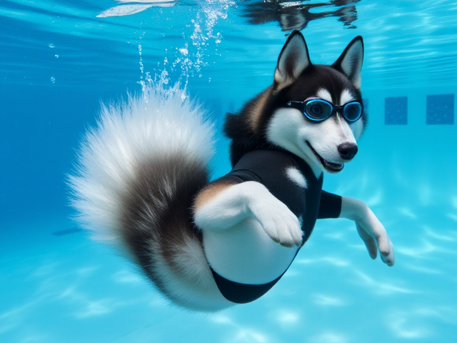 A anthropomorphic Siberian Husky wearing a neoprene swimsuit and goggles showing off her tail and hips underwater