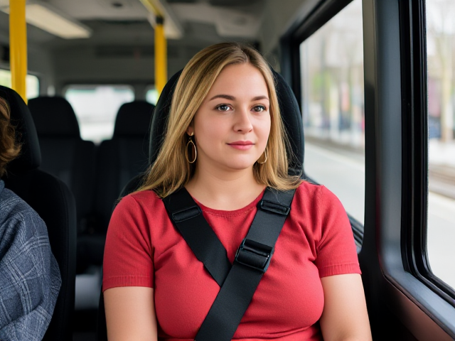 Woman on the bus in a carseat wearing a 5 point harness