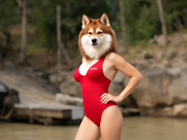 Tall Anthropomorphic female Alaskan malamute red lifeguard swimsuit
