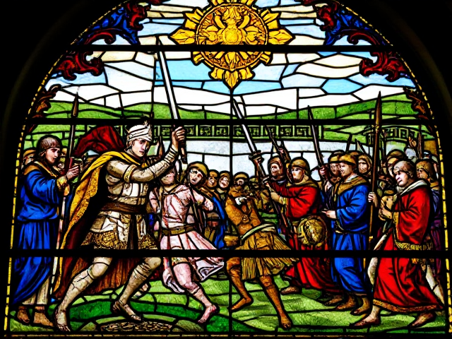 A medieval stained glass of King Arthur fighting the Saxons at Camlann.