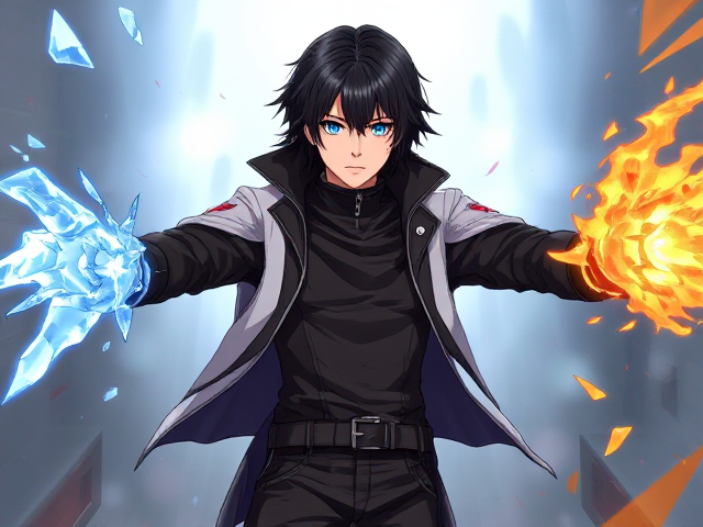 Young adult male with medium to long black hair with futuristic style clothing with special powers with his left arm shooting ice and his right arm shooting fire, anime