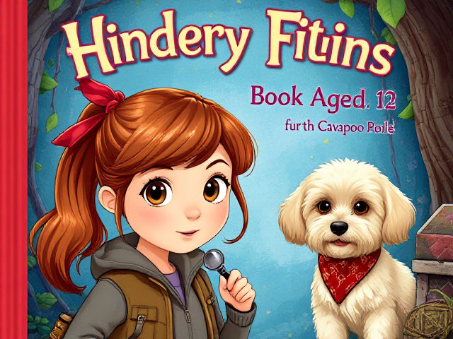children's fiction book cover for girls aged 7-12, vibrant and colorful illustration, a mysterious fantasy world, young girl detective with long brown copper hair in ponytail with red ribbon and hazel eyes, hidden clues, whimsical elements, sense of adventure and intrigue. Near here is a small shaggy cream cavapoo wearing a jaunty red bandana around its neck. Realistic illustrative style.