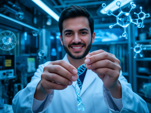 A scientist holding a glowing DNA strand in a high-tech lab, surrounded by advanced equipment and holographic displays, detailed molecular structures floating around, with a wink on their face. The scene is illuminated by cool blue and white lighting. Captured from a close-up angle, showing the scientist's upper body and the DNA strand in clear detail