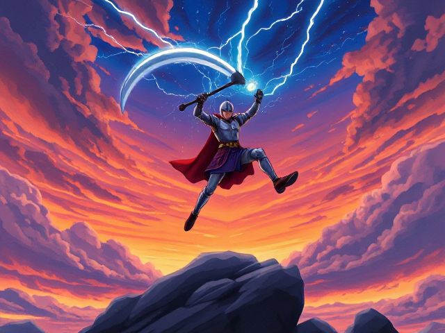 epic painting of a knight jumping in the air with a scythe made of lightning
