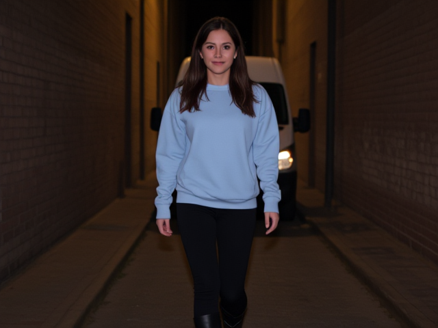 Brunette thin wearing a light blue sweatshirt and black pants and boots walking late at night down an alleyway. A van in the background