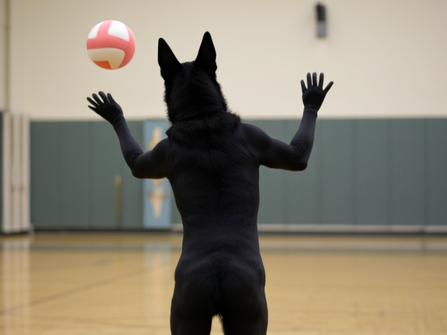 Anthropomorphic black German shepherd playing volleyball, wearing a leotard, gymnasium setting, focus on athletic build and dynamic pose
