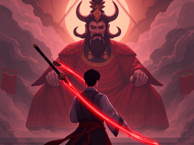 A man with short black hair, wielding a magical glowing red and black Chinese-style katana, wearing traditional Chinese mythology clothing. He is facing away, staring at the enormous figure of Shangdi, the god of all gods, who is sitting cross-legged in front of him. The scene is depicted in an anime style