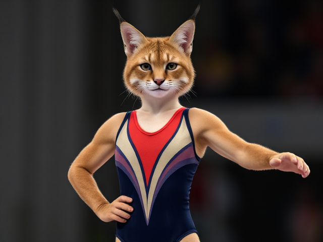 A anthropomorphic lynx Olympic gymnast wearing a leotard