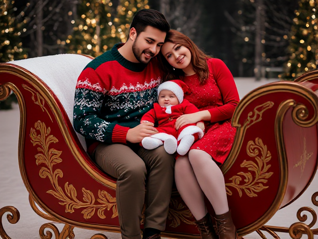A heartwarming and magical family scene featuring a young couple and their baby sitting on a beautifully designed Santa’s sleigh. The man is seated slightly at an angle, his head gently tilted toward the woman, who leans affectionately on his shoulder. Their posture exudes love and warmth. The baby lies comfortably across their laps, nestled securely, with the couple supporting the baby together. The pose stays true to the original, capturing the natural and relaxed angles.

The man is dressed in a cozy red-and-green Christmas sweater with a subtle snowflake pattern, paired with warm winter pants. The woman wears a festive red dress with a touch of sparkle and cozy tights to reflect the holiday spirit. The baby is dressed in an adorable Santa outfit, complete with a tiny hat and booties, adding a playful and heartwarming touch.

The sleigh they’re seated on is a masterpiece of craftsmanship, adorned with intricate golden engravings, glowing softly to evoke a sense of enchantment. The scene perfectly captures the joy, love, and magic of Christmas while staying realistic and photorealistic in detail.