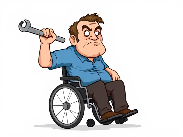 Draw a cartoon of an grumpy old man in a wheelchair throwing a spanner. He has brown hair and a blue shirt.