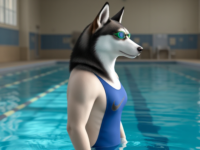 A tall anthropomorphic Siberian husky with a long torso and broad shoulders wearing a high cut Nike one piece swimsuit and swimming goggles, in a indoor swimming pool