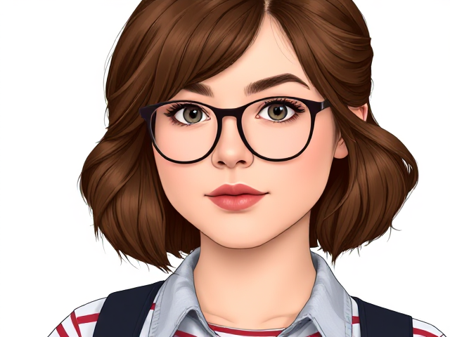 Full figure of a thick-bodied preppy brown-haired college girl with a wide nose