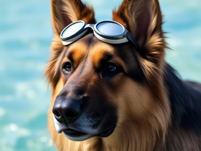 A long haired German shepherd wearing swimming goggles