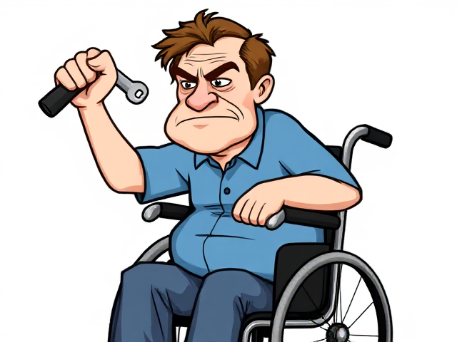 Draw a cartoon of a grumpy old man in a wheelchair. He is throwing a spanner. He has brown hair and a blue shirt.