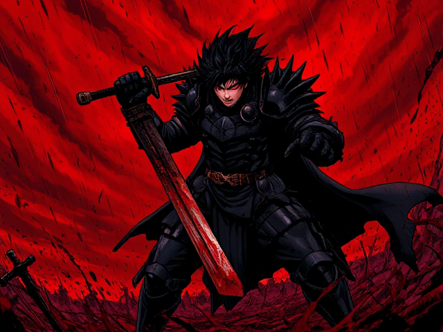 a dark, intense anime-style illustration inspired by Berserk. Depict a fierce, heavily armoured warrior with spiked black armour, wielding a massive, bloodstained sword. The character should have wild, spiky hair, glowing red eyes, and a menacing expression. The background should be a chaotic, blood-red sky with splashes and streaks of dark, inky blood raining down, adding to the violent atmosphere. The warrior should be posed in a powerful, dynamic stance, knee-deep in a desolate, red-soaked battlefield. The art style should feature sharp, detailed line work and high-contrast lighting to capture the dark, gritty essence of Berserk