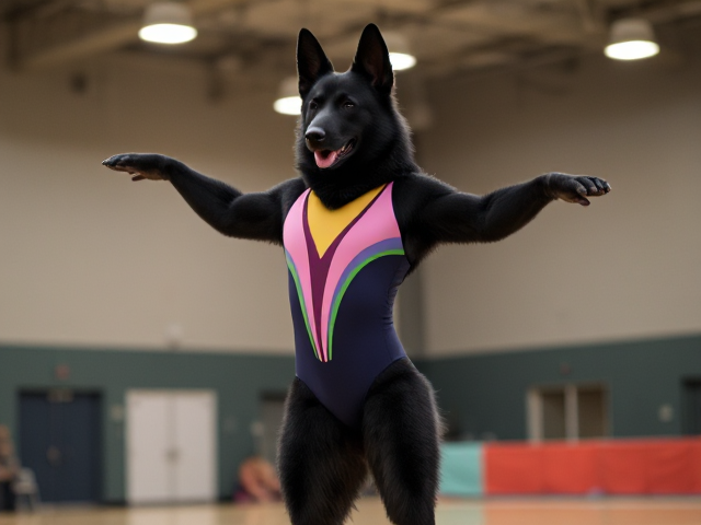 Anthropomorphic black German shepherd wearing a colorful gymnastics leotard in a gymnasium, performing a graceful routine, dynamic lighting, detailed fur texture