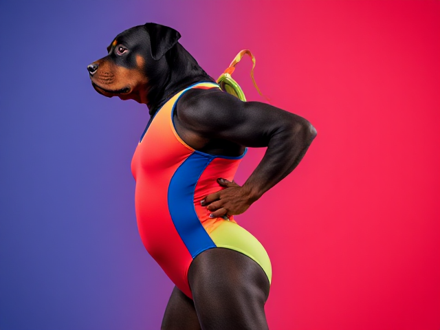 Anthropomorphic Rottweiler with strong hips, wearing a colorful gymnastics leotard, in an athletic pose, vibrant background