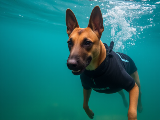 A Belgian malinois wearing a doggy wetsuit underwater