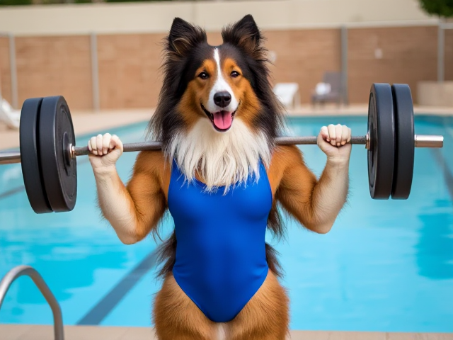 A anthropomorphic Rough collie wearing a swimsuit lifting a barbell by the pool