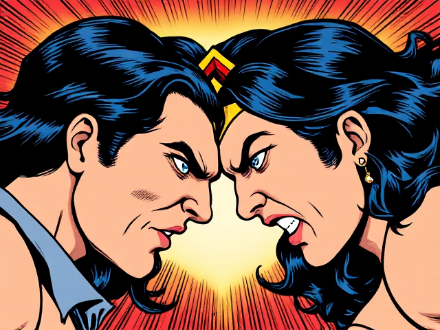 A comic book style image of an angry Wonder Woman crashing two criminal’s heads together. Their heads are touching and the criminal’s are in pain