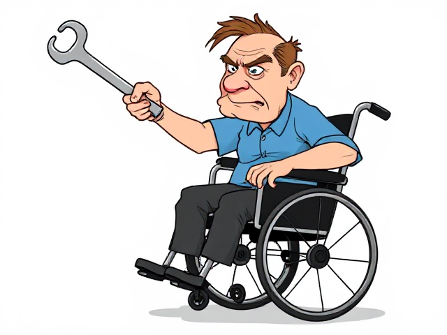 Draw a cartoon of an grumpy old man in a wheelchair throwing a spanner. He has brown hair and a blue shirt.