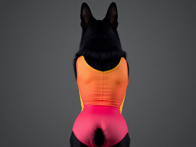 A Anthropomorphic black German shepherd wearing a colourful gymnastics leotard that hugs her butt
