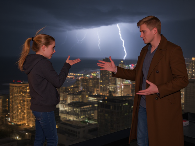 A petite 13-year-old girl with strawberry blonde hair in a ponytail, wearing a hooded pullover and jeans, is standing on the roof ledge of a night club. Next to her on the roof, standing nearby is a modern-day, pale skinned vampire in his late twenties, with blonde hair, dressed in a brown trench coat and jeans. He appears uneasy as he looks at her, holding his hands out and taking a step back. The girl gestures angrily at him with her hands, flailing her arms and with a scowl on her face. at him in frustration. A thunderstorm approaches the cityscape from the sea shore. Set at night. The girl has a cut in her forehead.