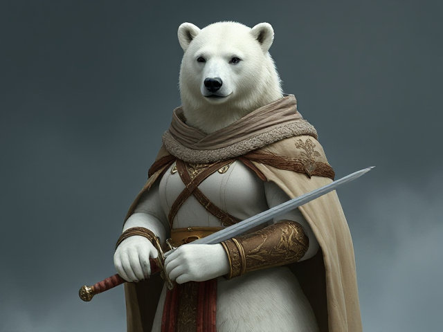 Image d'une femelle ours polaire 
Qui se tient debout de face 
Habillé en Jeanne d'Arc  avec une épée