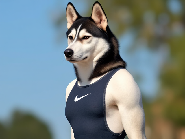 A Siberian Husky with a long torso and broad shoulders wearing a high cut Nike one piece swimsuit
