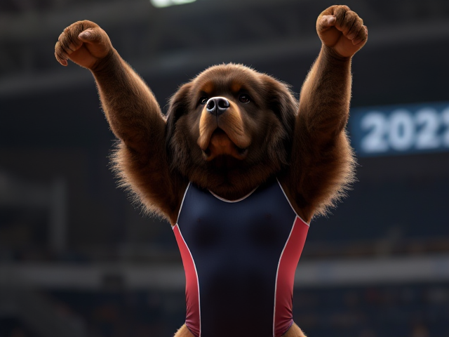 A anthropomorphic newfoundland dog Olympic gymnast wearing a leotard